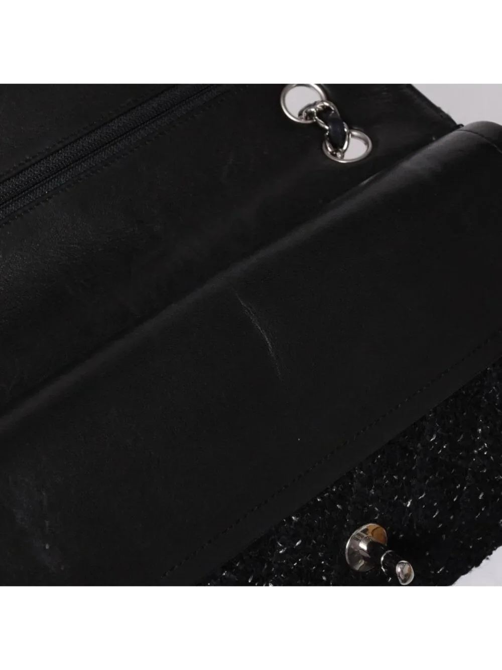 Chanel Quilted 25 Double Flap Chain Shoulder Bag CC Logo Tweed Leather Black